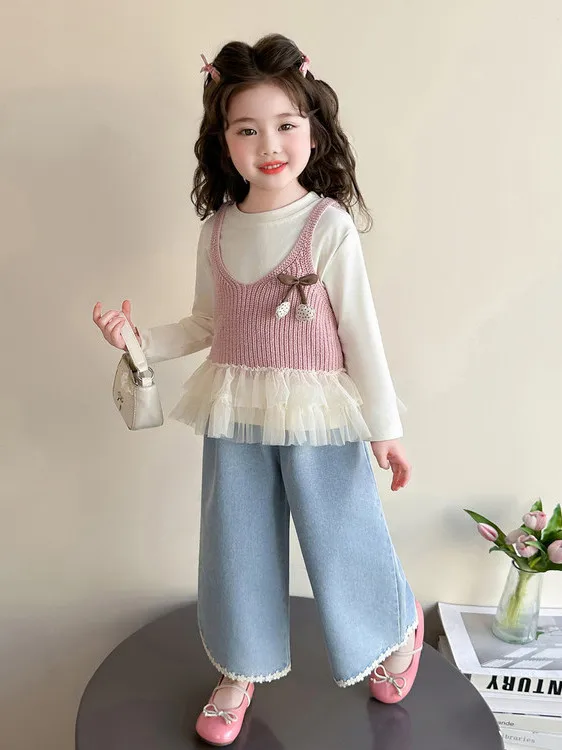 

Весенний модный комплект для девочек: топ с бантом, свободный жилет с длинными рукавами и брюки для детей, стильный наряд для малышей