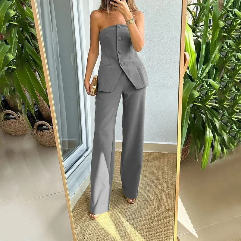 2023 Korean Women Strapless Sleeveless Button Tops Two Piece Sets Sexy Solid Casual Straight Long Pants Set Autumn Slim Fit