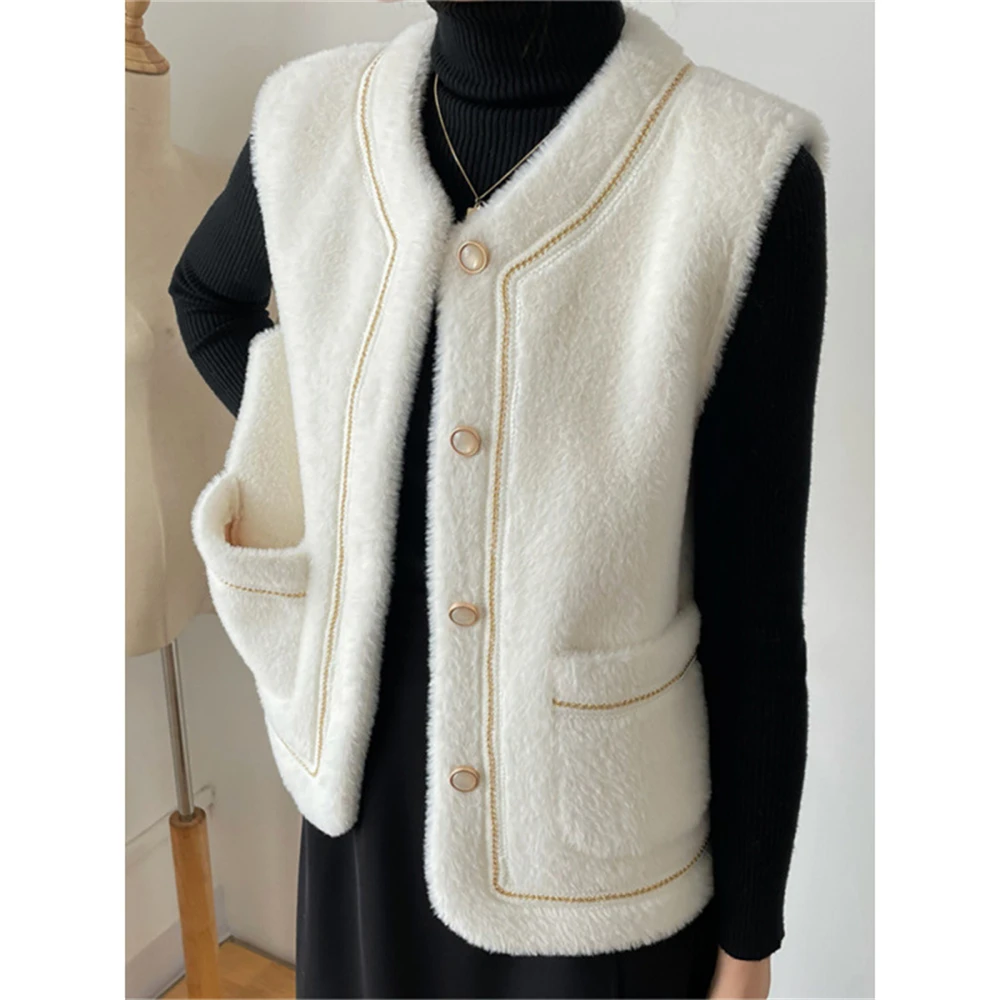 Autumn Winter All-match White Faux Fur Vest Ladies Elegant Sweet Sleeveless Cardigan Waistcoat Tops Coat Korean Trendy Outerwear