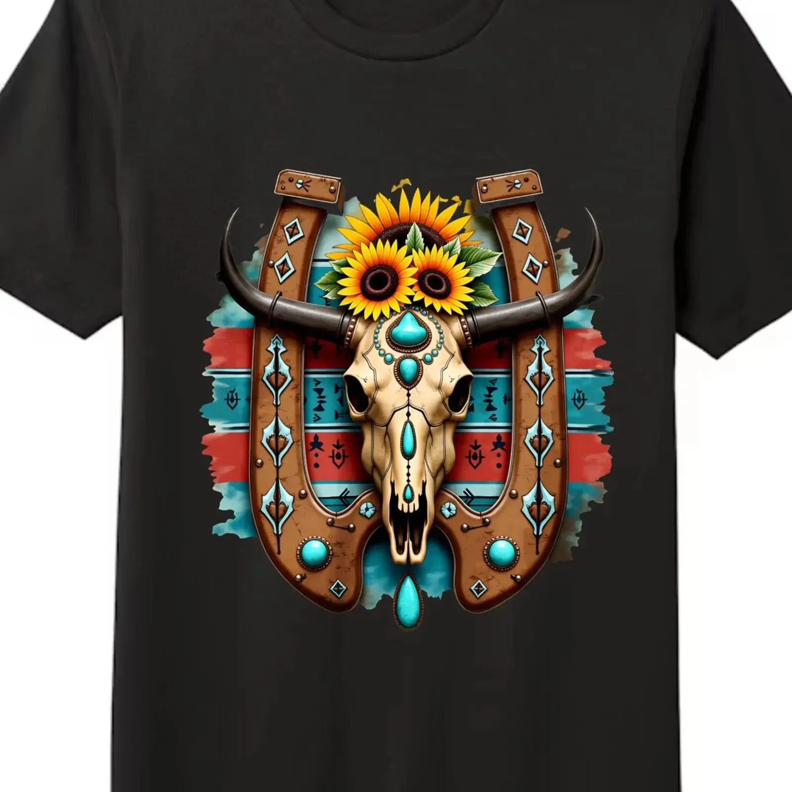Vintage Western Bull Skull T Shirt Casual Turquoise Sunflower Tribal vintage Washed Slightly homme Soft Unisex fashion
