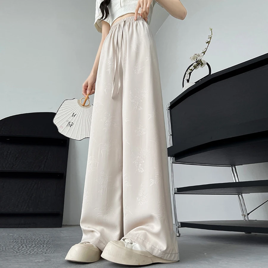 Autumn Chinese Style Wide Leg Long Pants Women Fashion Elastic High Waist Stright Pants Woman Casual Female Pant