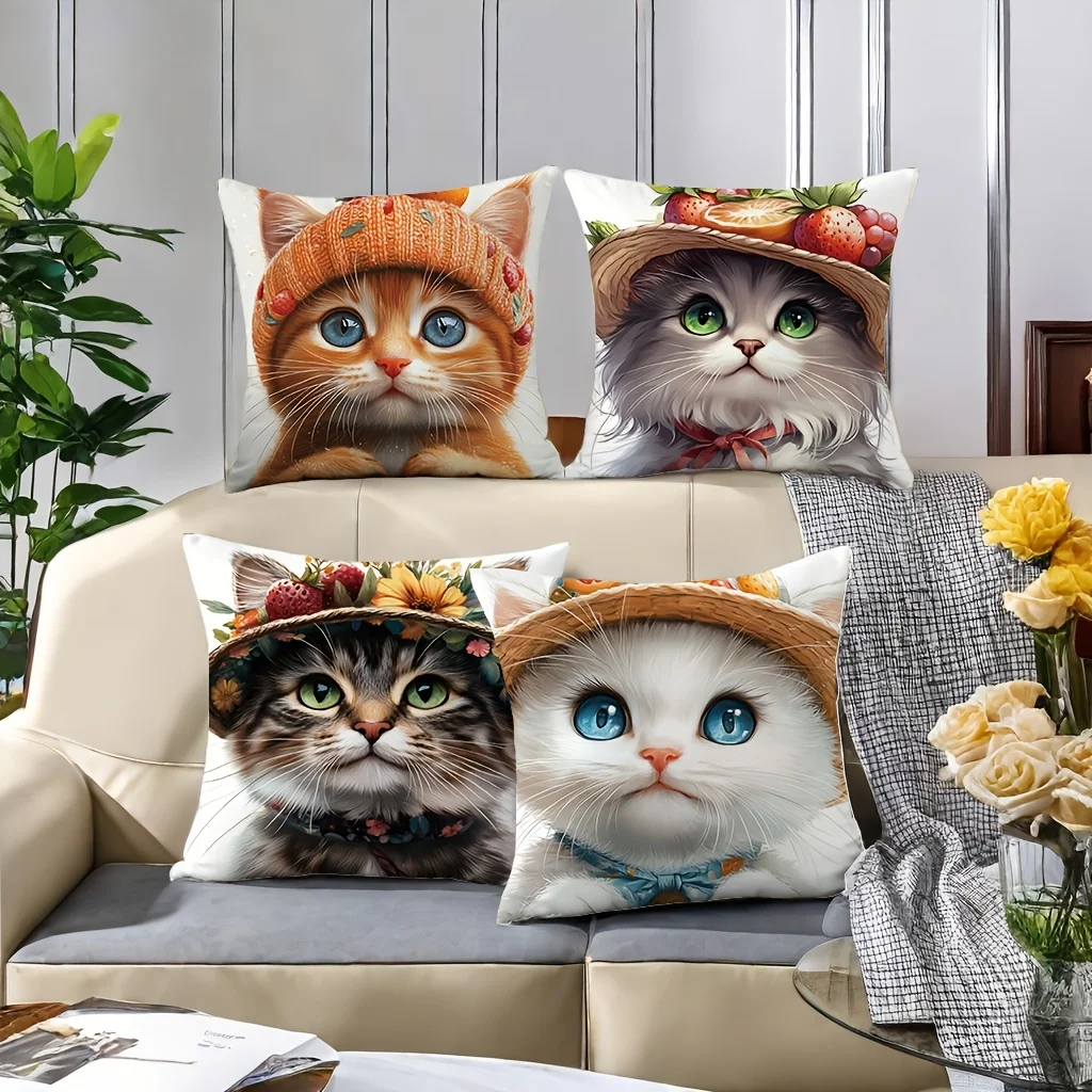 

4pcs cute cat wearing a hat accessory printing pillow cover double-sided Printed living rooms bedrooms sofas throw cushion cover