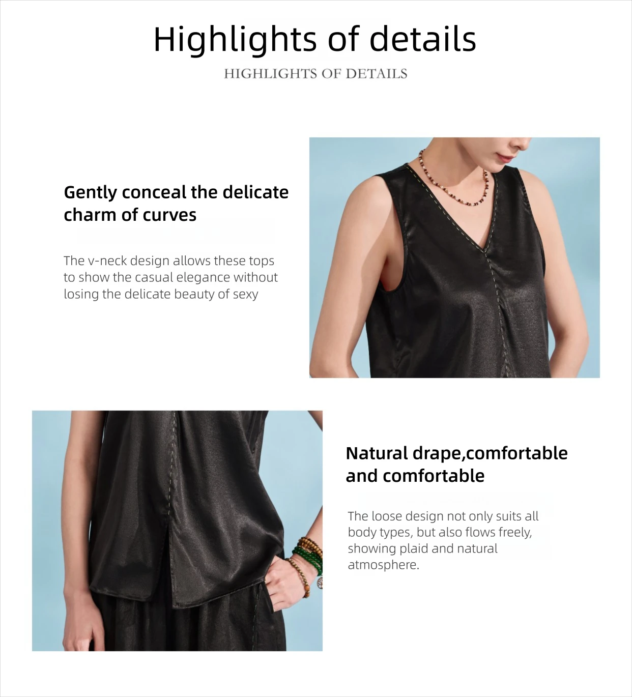 LI SILK CLOUD Xiangyunsha キャミソール トップ - ピュアブラックのドレープ感のあるマルベリーシルクベスト、インナー/アウター用の伝統工芸品