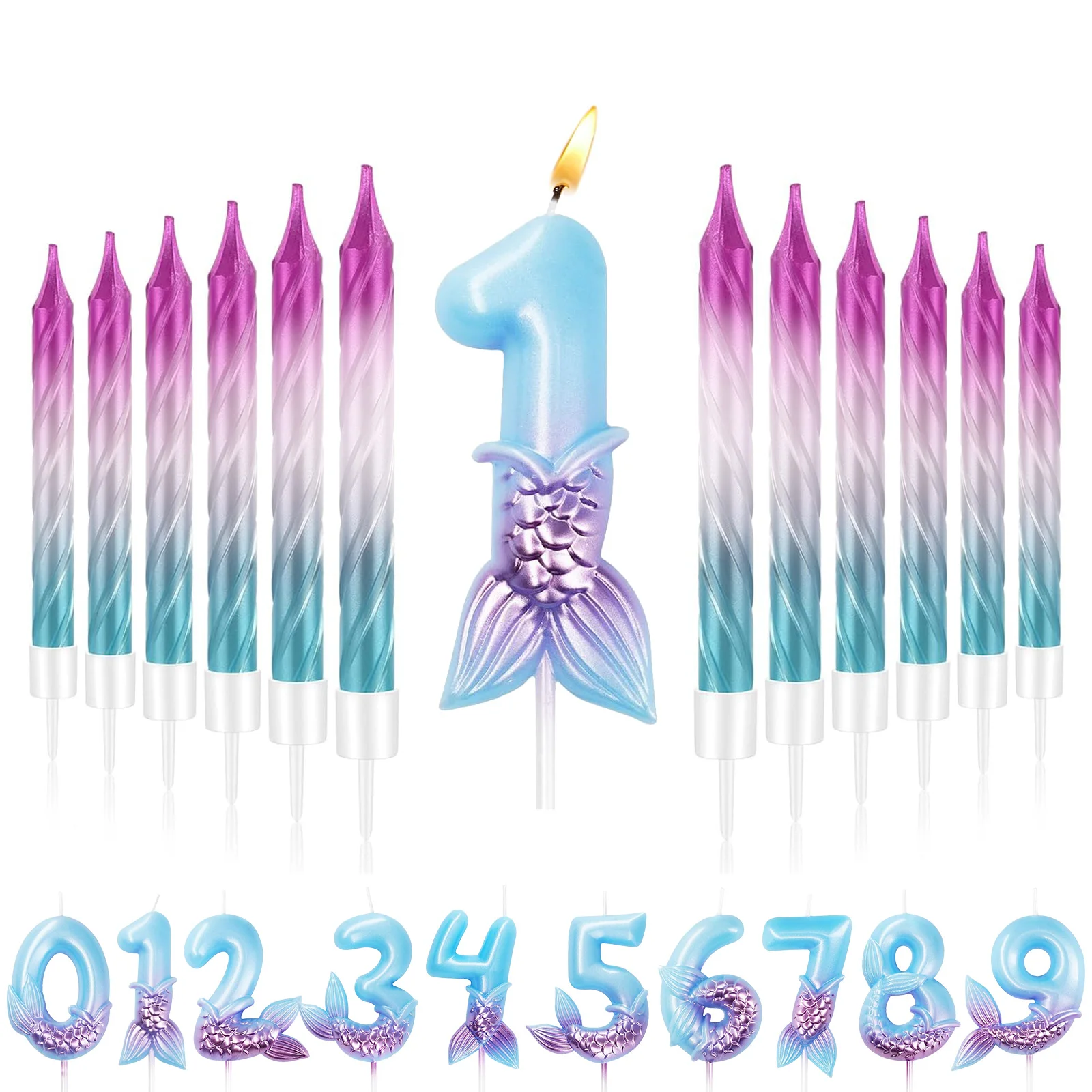 Birthday Candles Set 1 Mermaid with 11 Rainbow Spiral Candles Mermaid Theme Birthday Cake Toppers Decorations