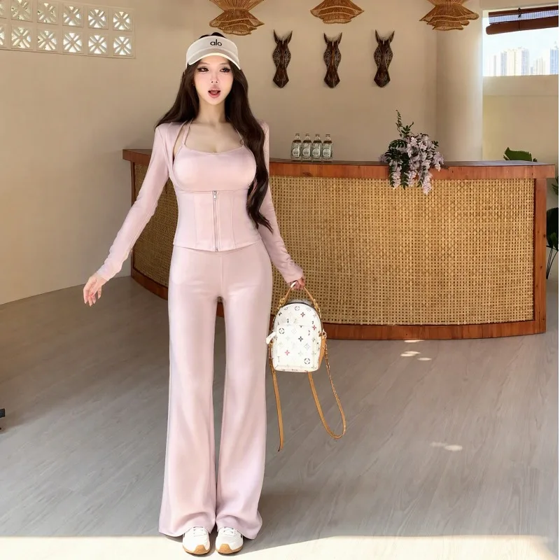 Korean Style Casual Women's Set Autumn 2026 New Long Sleeve Hooded Jacket Collar Shirt Casual Long Pants Three Piece Set