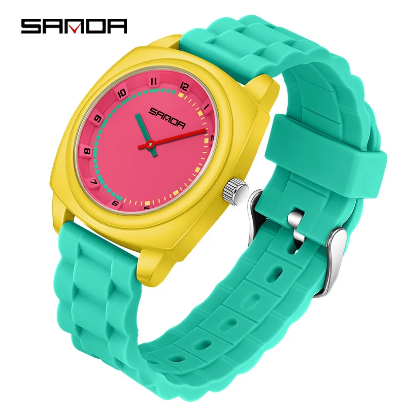 SANDA2025 new minimalist children's watch sports waterproof night light anti drop trend color collision student quartz watch