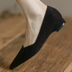 Women's natural suede leather pointed toe slip-on flats daily single shoes soft comfortable casual female footwear shoes women