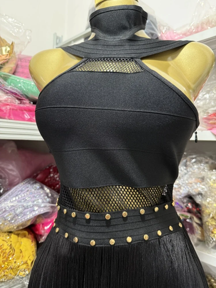 Black And White Round-Neck Off-The-Shoulder Lace Cutout Waist Long Dress With Tassel Decoration Tight Evening Party Outfit