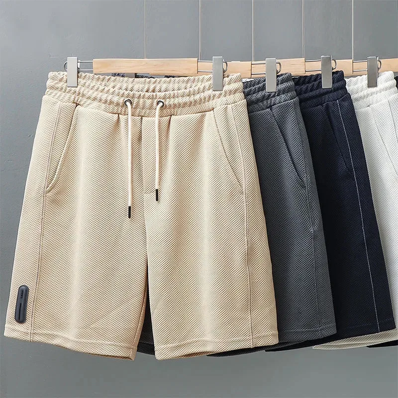 

Summer Men Shorts Waffle Knee-Length Straight Loose Medium Pants Breathable Quick-drying Solid Color Mid Waist Casual Shorts