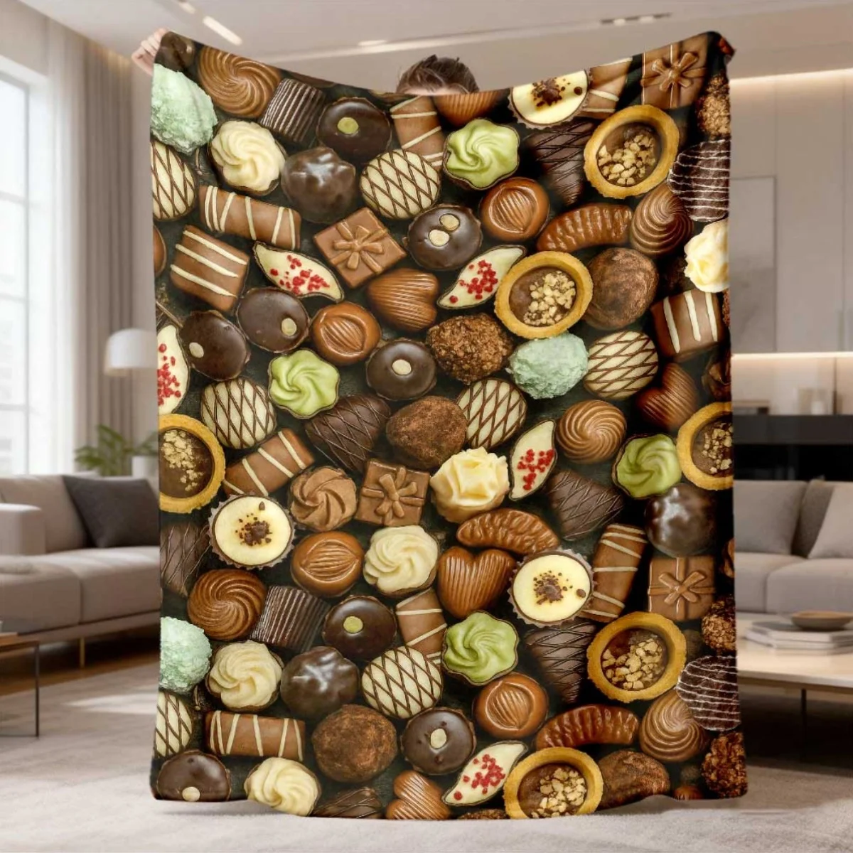 Delicious Chocolate Sweets Pattern Flannel Blanket Lightweight Warm Plush Throw Blanket Gourmet Dessert Decor Blanket
