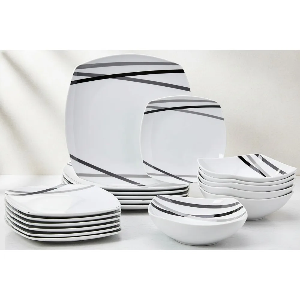 

Набор квадратной посуды из 18 предметов для 6 — современный дизайн с балками, прочные фарфоровые тарелки и миски, можно мыть в посудомоечной машине