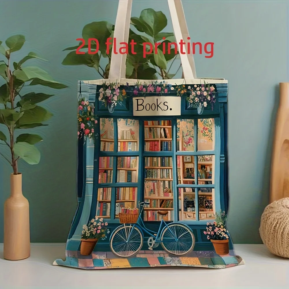 A Bookstore bicycle floral pattern print canvas tote bag, suitable for daily use, shopping, school, and travel