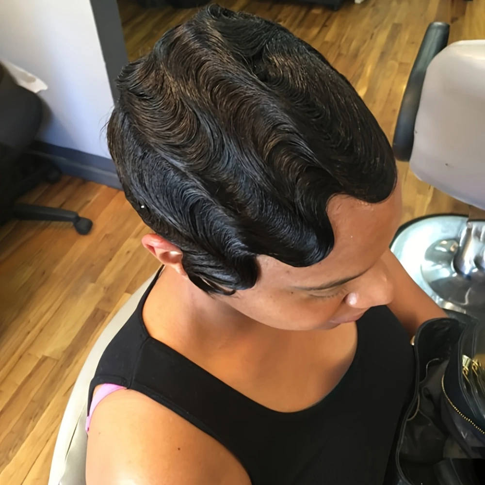 カーリーウェーブフィンガーウェーブピクシーカットウィッグ 女性用 150%密度 6インチ人毛ウィッグ 女性用 フルマシンメイドウィッグ