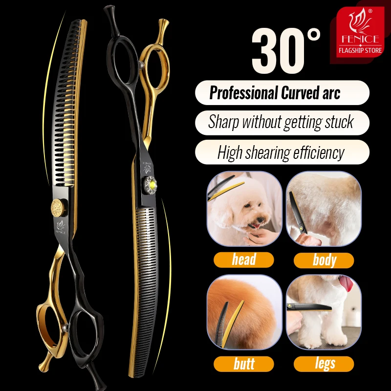 Fenice JP 440C 7.25/7.5 inch Professional Dog Grooming Shears Curved Chunker Shark Fillers Scissors for Dog Face Body Cutting