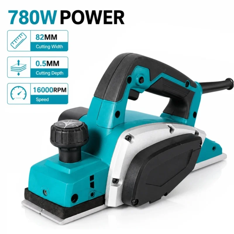 Strugarka elektryczna do drewna 780W 16000RPM, szerokość strugania 82mm, regulowana głębokość strugania 0-2mm, ręczna strugarka przewodowa do obróbki drewna i mebli. — 2