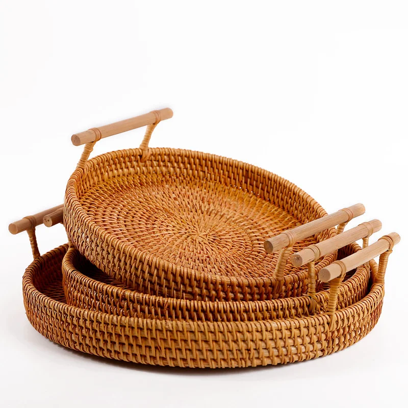 Rundes Rattan-Serviertablett mit Natur-Rattan-Griff, handgefertigter Korb, Heimdekoration, Aufbewahrungstablett, geeignet für Couchtisch, Brot
