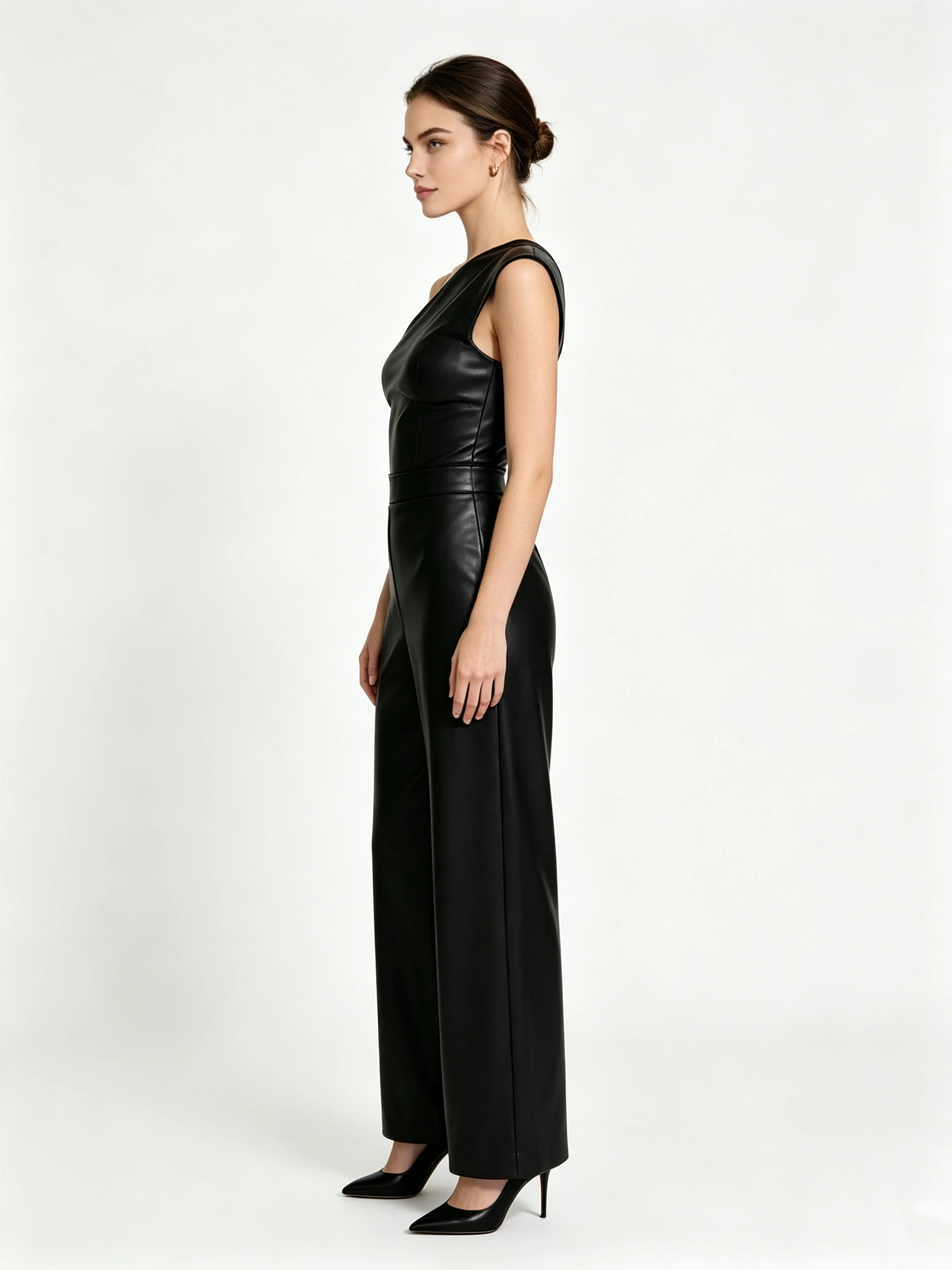 Women's Asymmetric One-Shoulder Faux Leather Jumpsuit with Wide-Leg Pants and Spaghetti Strap