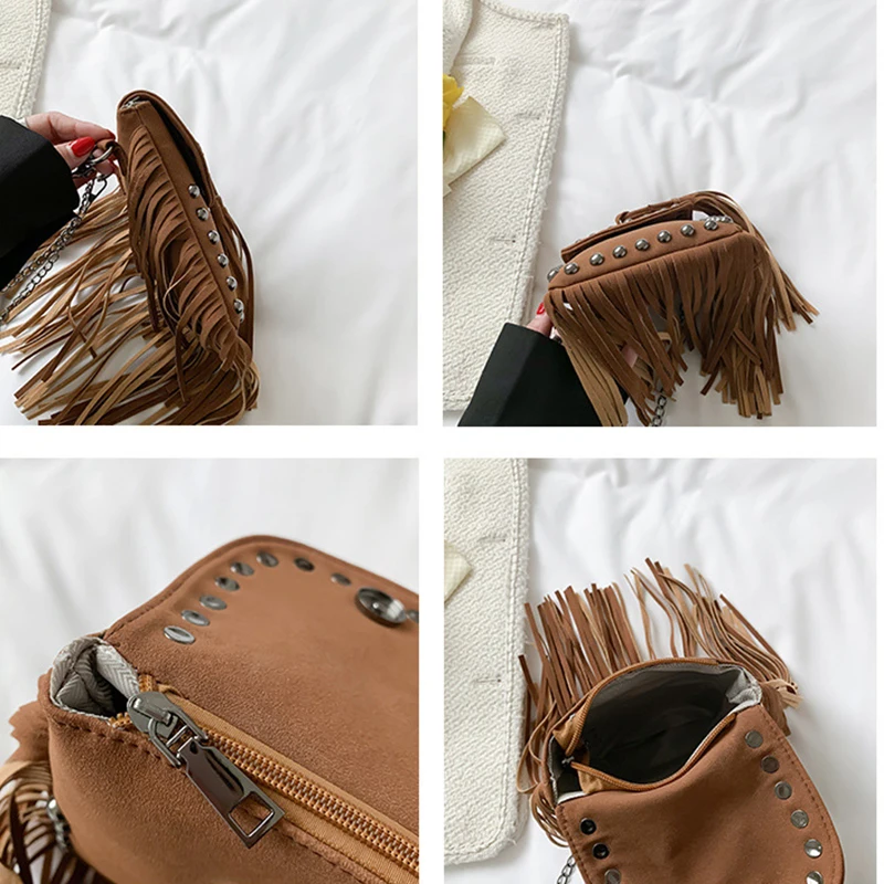 Vintage Women\'s Fringe Bag Individual Rivet Mobile Phone Bag Chain Shoulder Bag Crossbody Bag Shopping