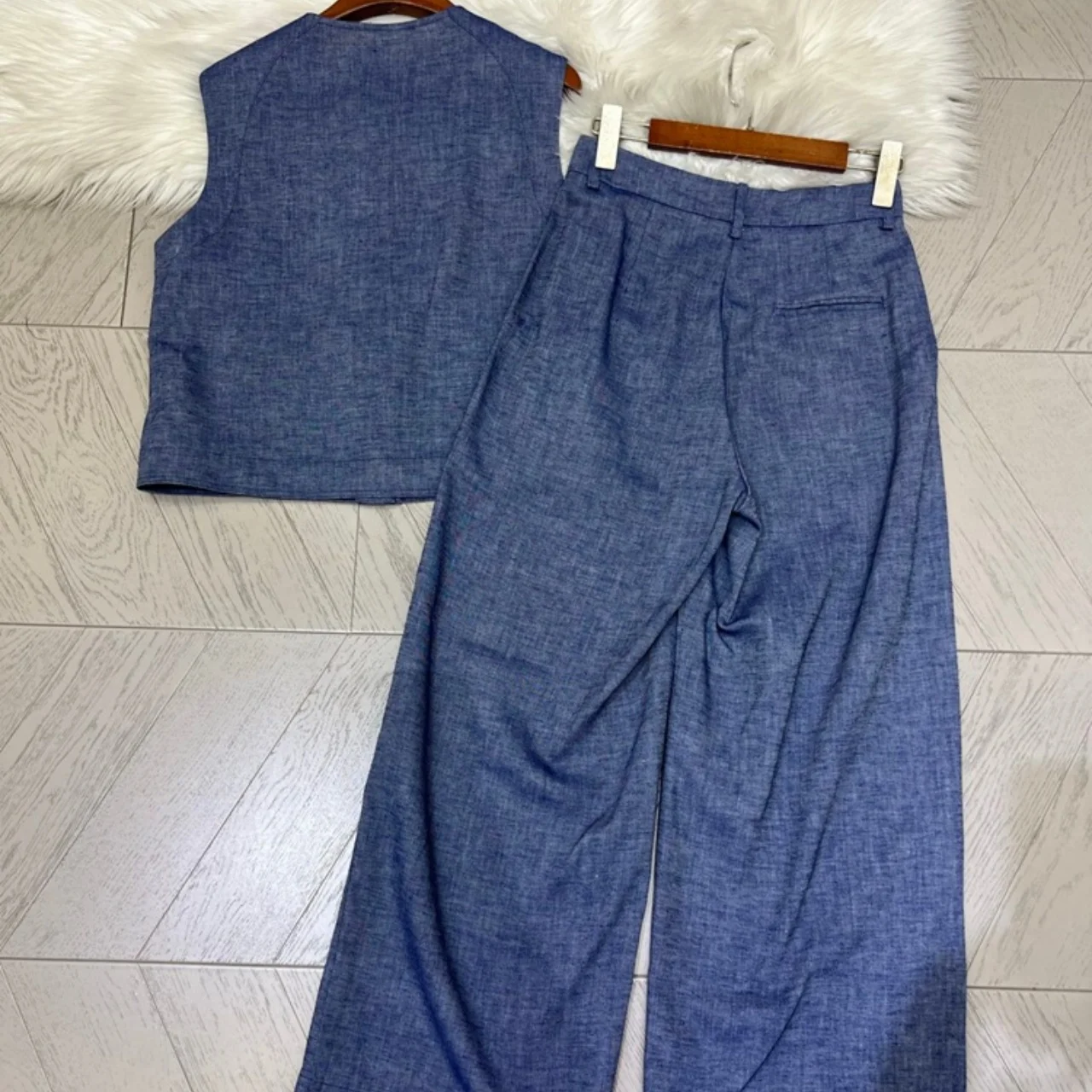 New Summer Women's Beaded Decor Vest Top With Wide Leg Trousers Set