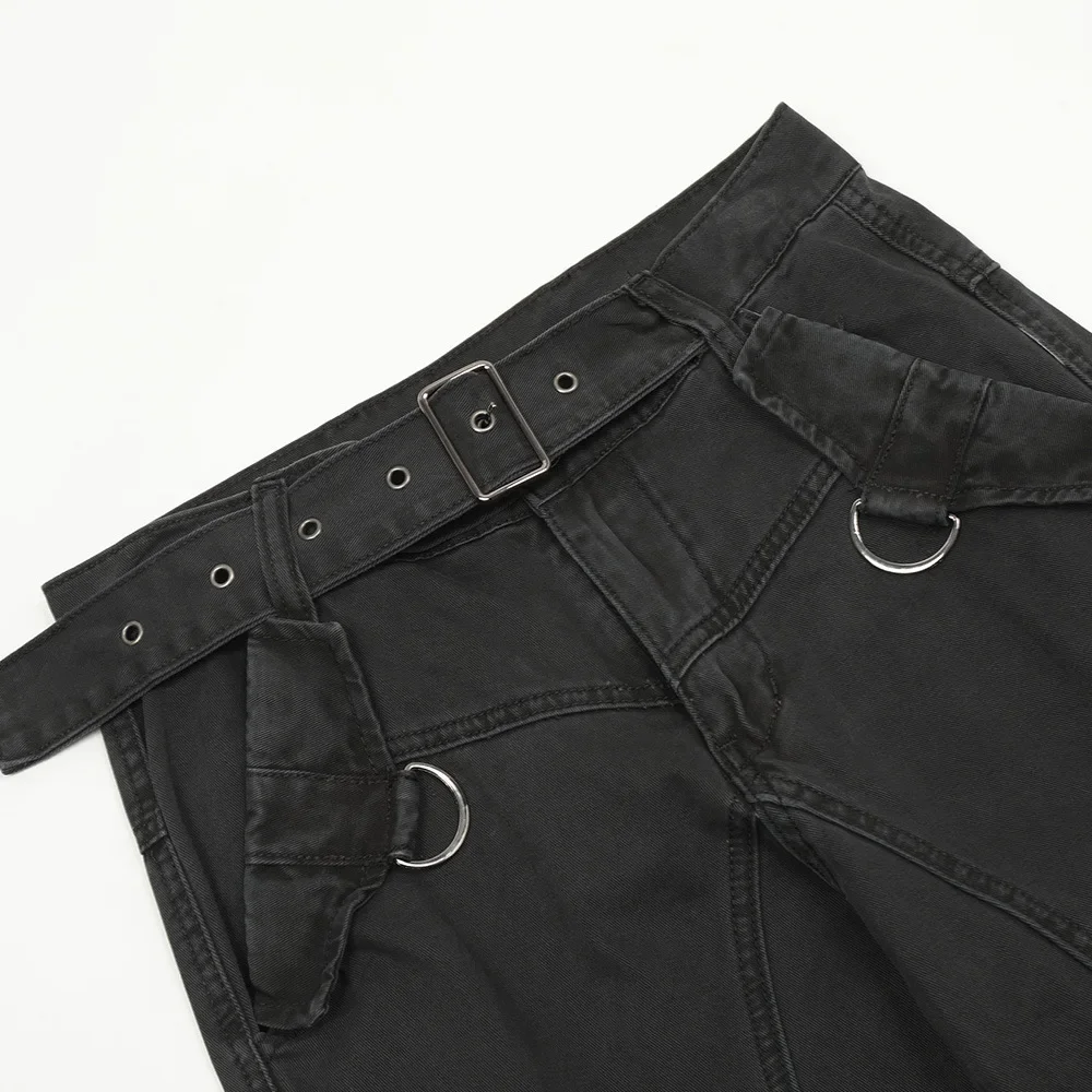 Pantalones cargo con tiras y múltiples bolsillos para hombre, estilo de nicho funcional de calle alta con cinturón, pantalones largos ligeramente acampanados de pierna ancha