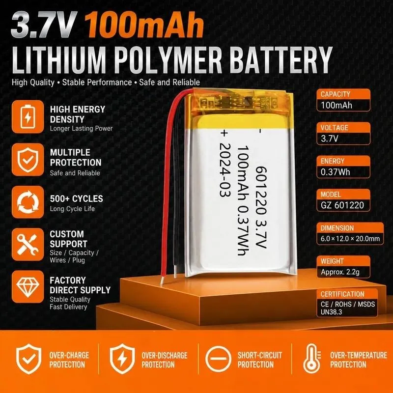 100pcs for 601220 601225 601235 Polymer Lithium Battery 3.7V Rechargeable Li-ion Cell for Electronics DIY Projects High Capacity