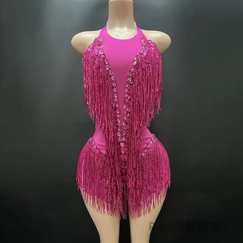 

Women Crystal Party Gogo Dancer Costume Stage Singer Festival Outfit Clubwear Many Colors Rhinestones Fringed Bodysuit