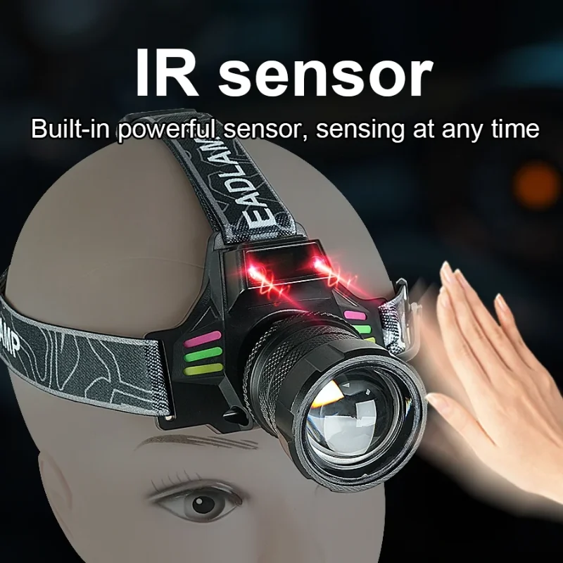 Powerful IR Sensor Headlamp LED Headlamp White+Yellow Light USB Rechargeable Zoomable Headlight Fishing Camping Hunting Light