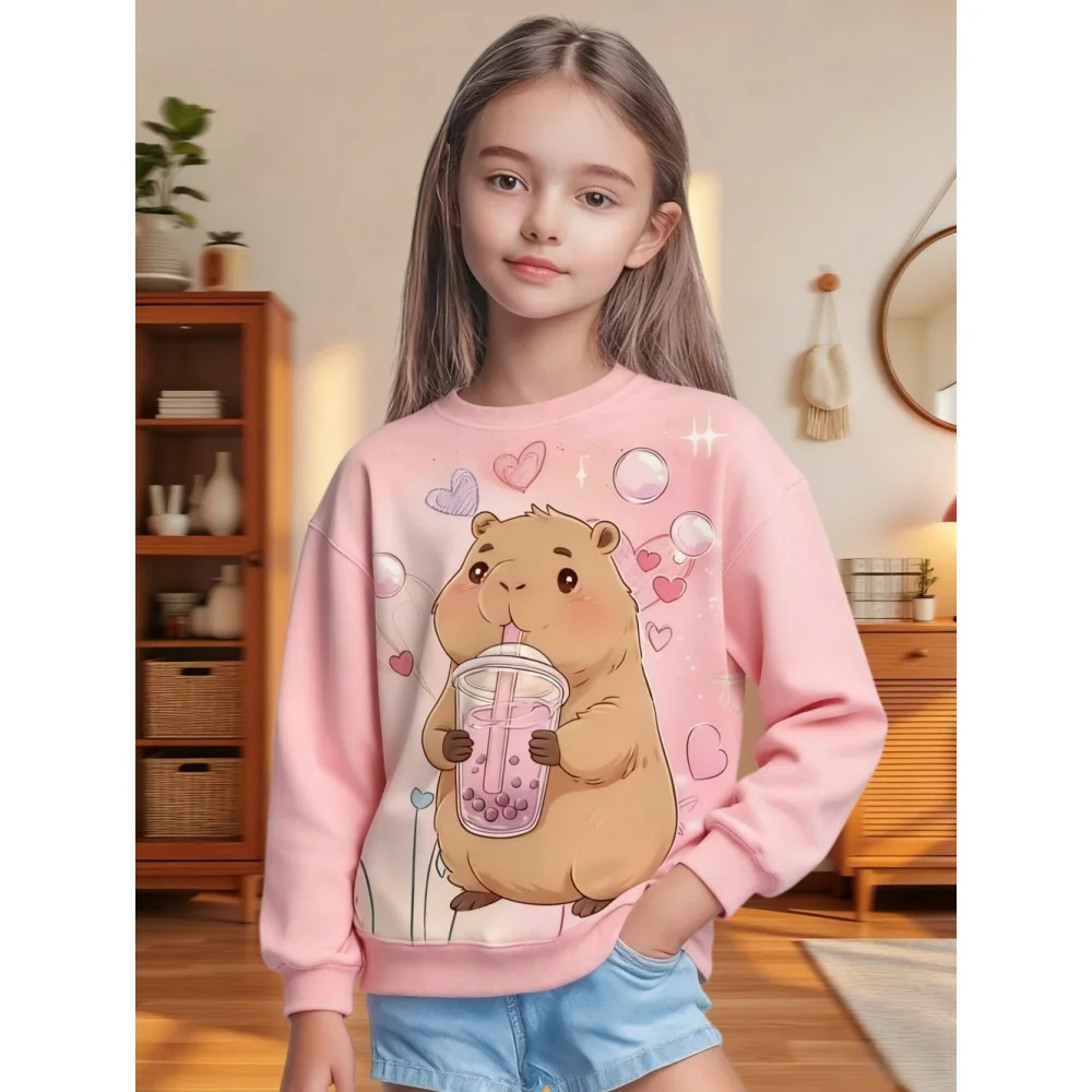 Capybara Sweatshirts Kawaii Cartoon Graphic Kids Hoodie Round Neck Girl Top Fashion Cute Animals Long Sleeve Children's Clothing