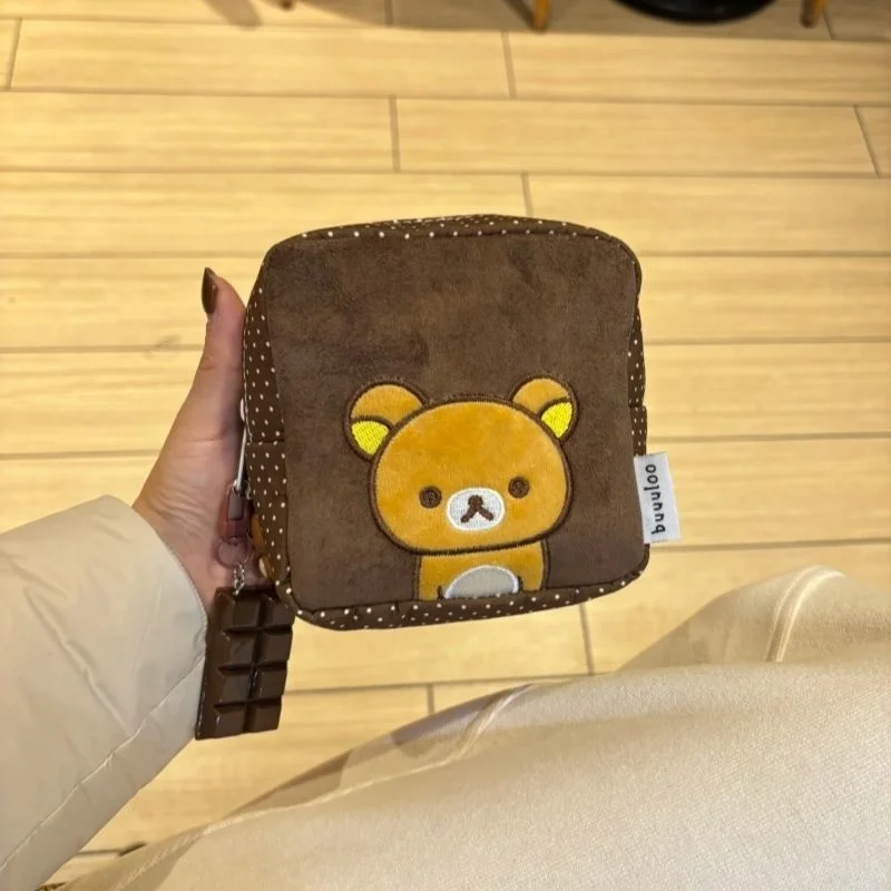 Rilakkuma Portable Cosmetic Makeup Pouch Embroidered Bear Cute Small Square Bag Travel Toiletry Organizer Inner Liner