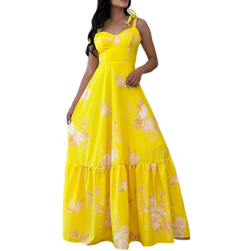 BAMBOOBOY-Robe longue plissée à bretelles spaghetti pour femme, col en V, floral, taille haute, fête, sexy, vacances, plage, été