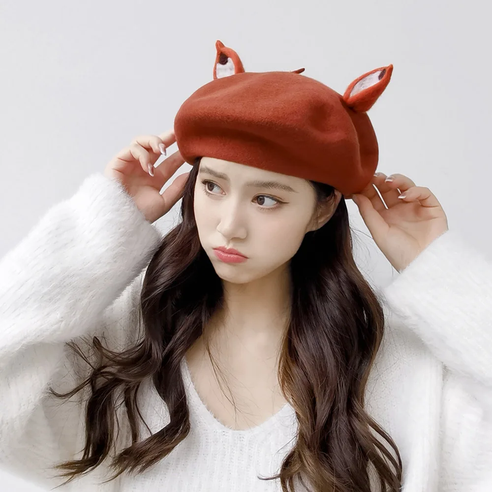 Animal Ear Wool Beret Frog Big Eye Winter Berets Kawaii Women Casual Warm Retro Painter Hats for Gift