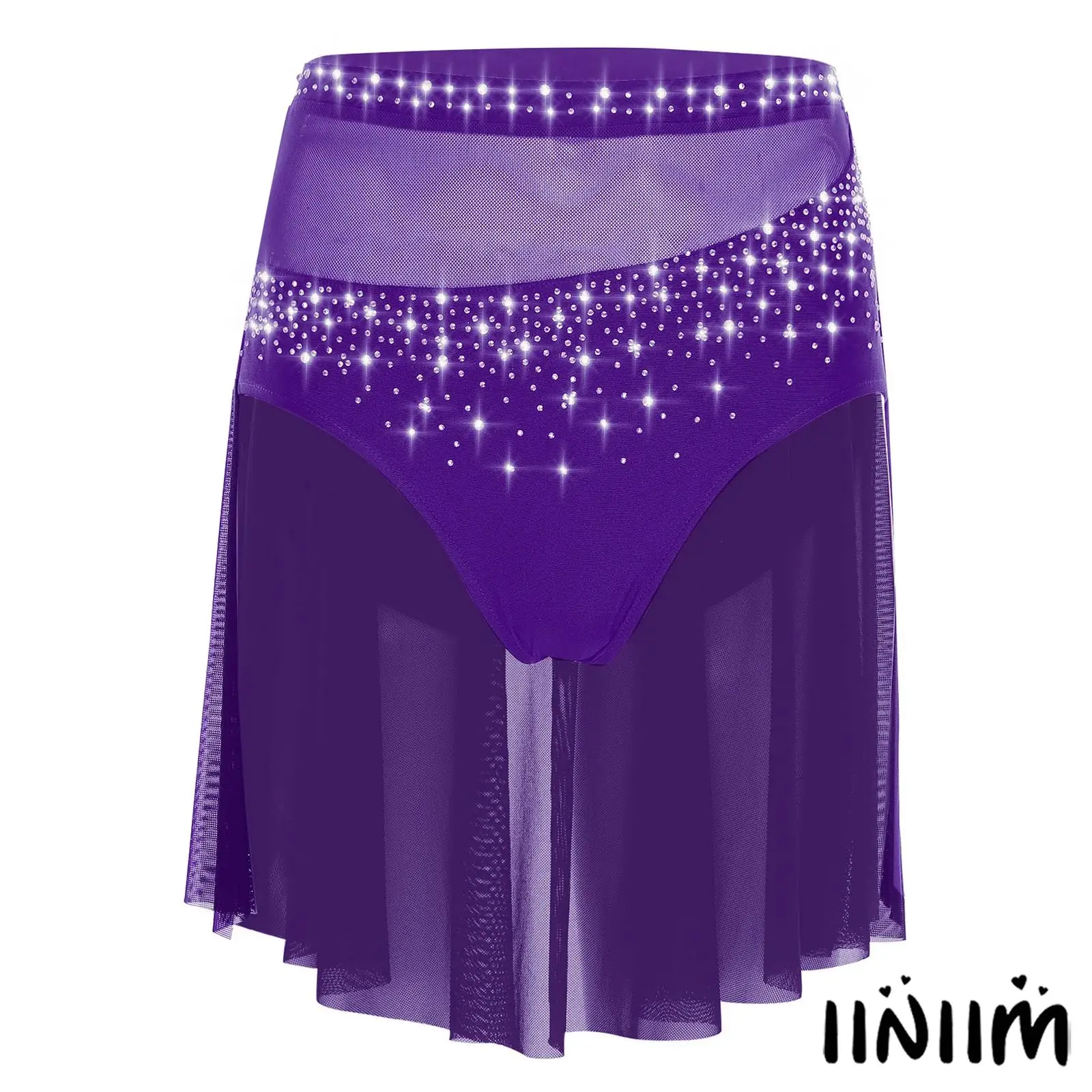 

‌Women's Lyrical Dance Skirt with Shiny Rhinestones Elastic Waistband Sheer Mesh Panel for Contemporary Performances Costume