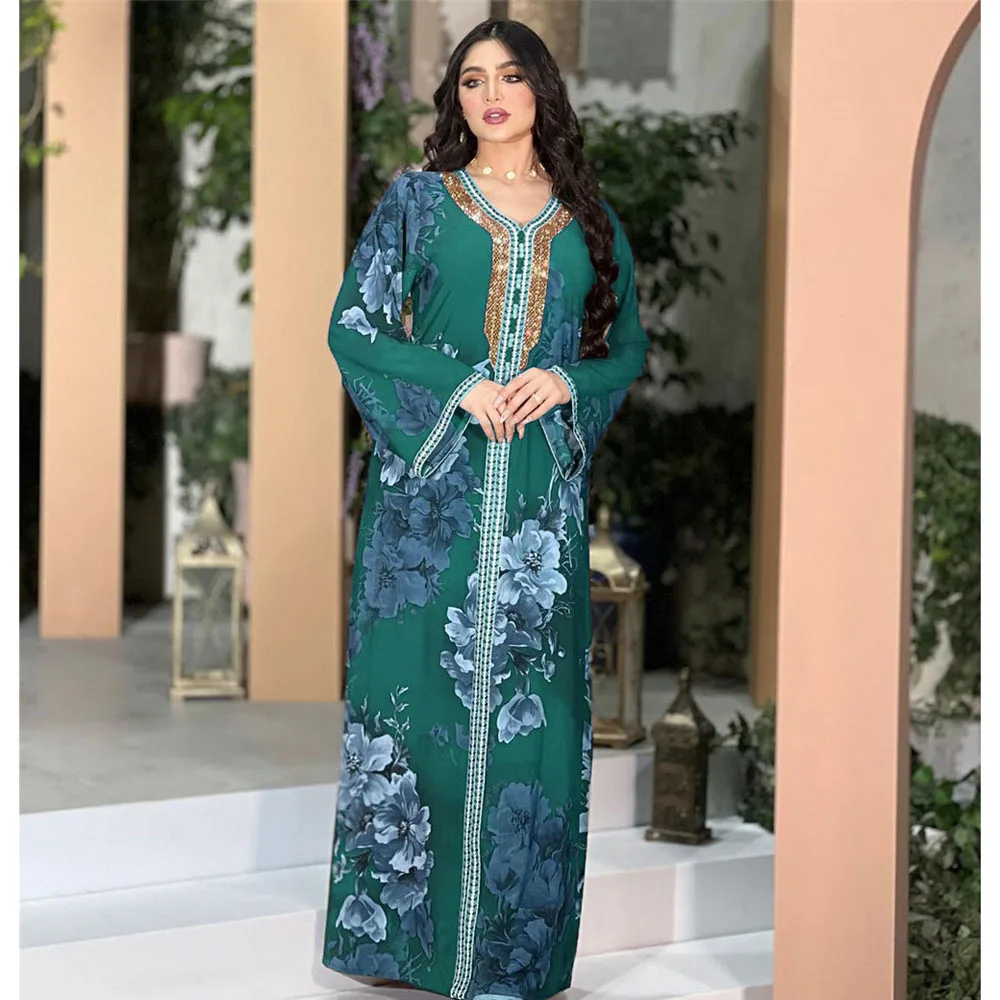 

Ramadan India Muslim Dress Women Eid Floral Print Abaya Dubai Arabic Vestido Moroccon Jalabiya Kaftan Islamic Clothing Gown Robe