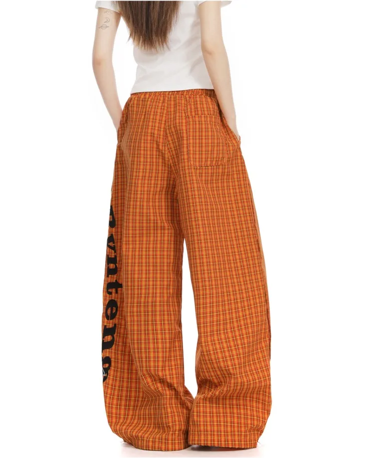 Women's Star Letter Embroidered Checkered Pants Wide Leg Sweatpants Hip-hop Summer Casual Bottoms Female High Waisted Trousers