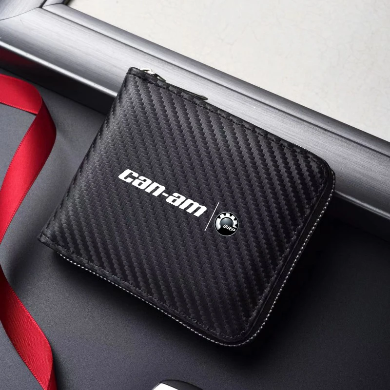 Carbon Fiber Texture Premium Leather Zipper ID Bag Car Driver's License Card Case for CAN-AM Motorcycles