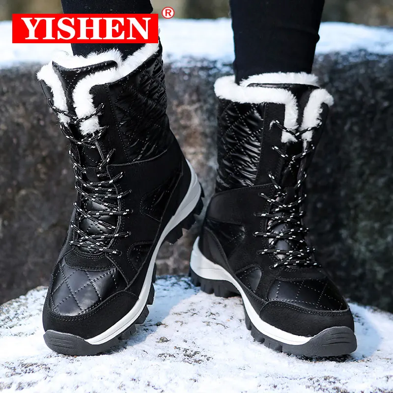 

YISHEN Women's Snow Boots Warm Fur Lining Chunky Shoes New Trend Winter Shoes Lace Up Bottes Pour Femmes Mid-Calf Outdoor Botas