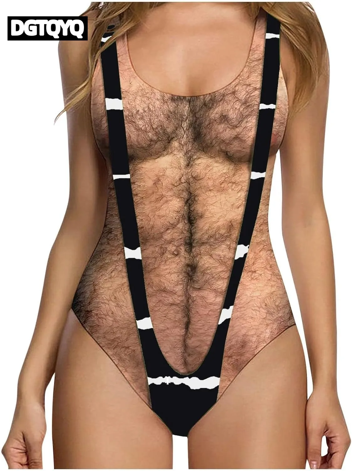 Hot Funny Borat Printed One Piece Swimsuit Women Sexy Chest Hair Bathing Suit Summer Swimwear Joke Bather Novelty Beachwear