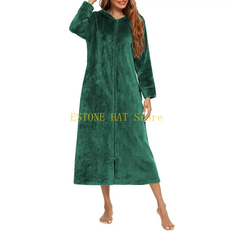 ثوب نوم طويل بغطاء للرأس من الصوف القطبي السميك للنساء من 49MF #4