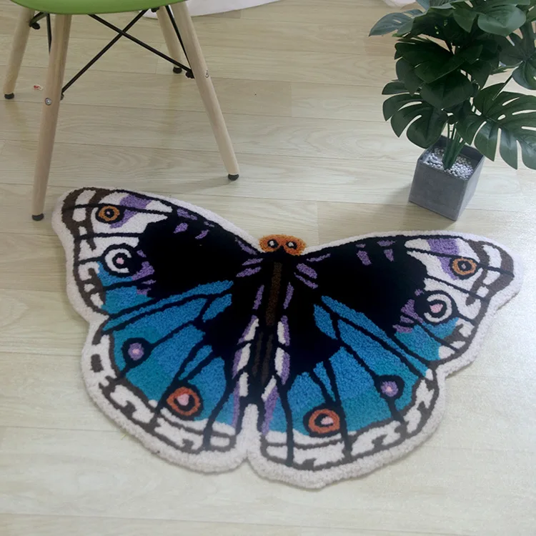 Hand Knotted Embroidery Butterfly Shape Rug Irregular Insect Carpet Modern Area Rug Anti-slip Plush Mat Bedroom Bathtub Doormat