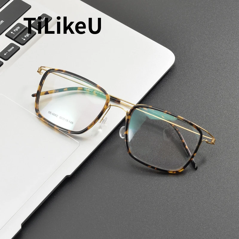 

Denmark Brand Screwless Design 7g Ultra-light Gold Wire Temples Pure Titanium Eyeglasses Retro Square Big Glasses Men and Women