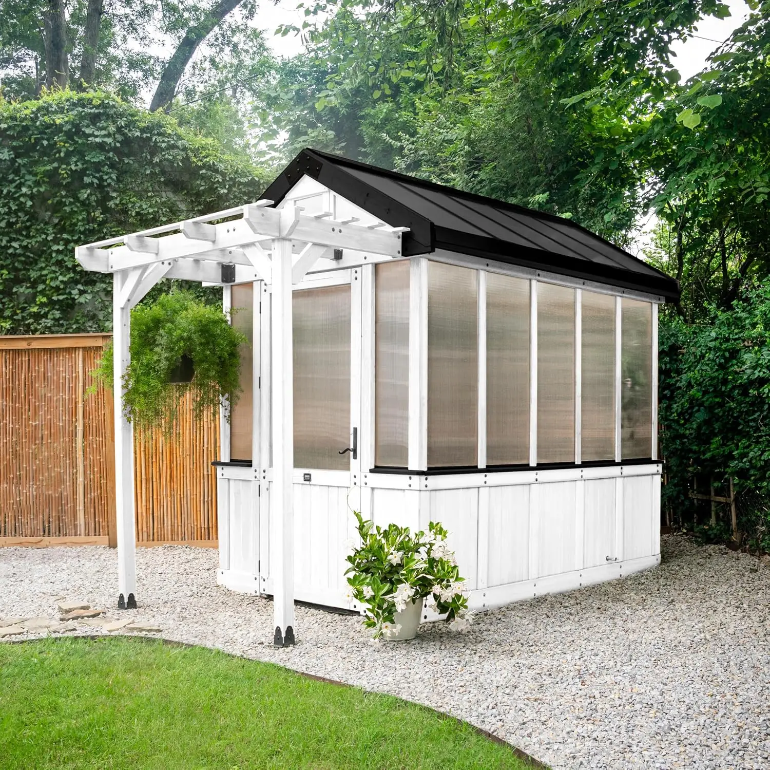 ^9' X 6' White Cedar Wood And Polycarbonate Walk-in Greenhouse Kit With Pergola, Exhaust Fan, Window, Hose Hook-ups, Powerport