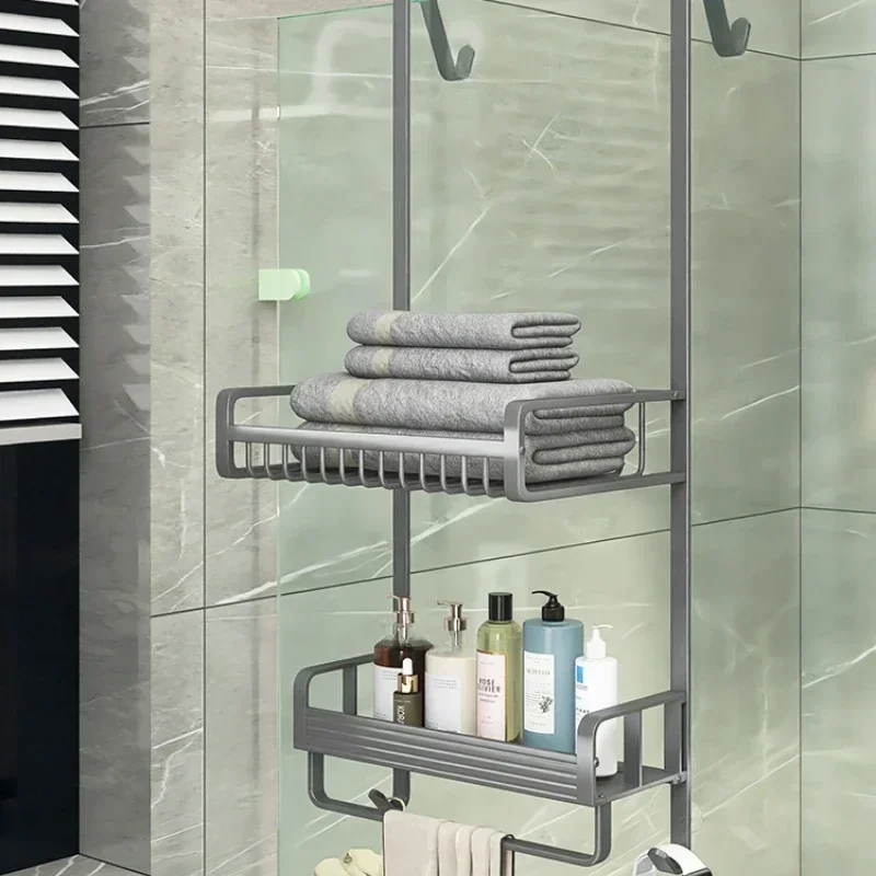 

Hanging Bathroom Shelves – Glass Door Wall-Mounted Storage, Non-perforated Towel Organizer Space-Saving Solution for Bathrooms