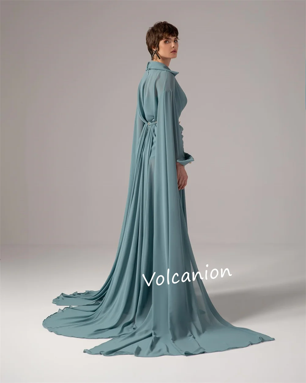 Customized Chiffon Button Pleat A-line V-neck Long Dresses Bespoke Occasion Evening Unisex Exquisite Modern Style