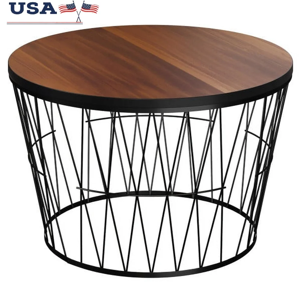 Modern Round Coffee Table MDF Wood Top with Geometric Metal Base Compact Accent Table Small Spaces Living Room Office