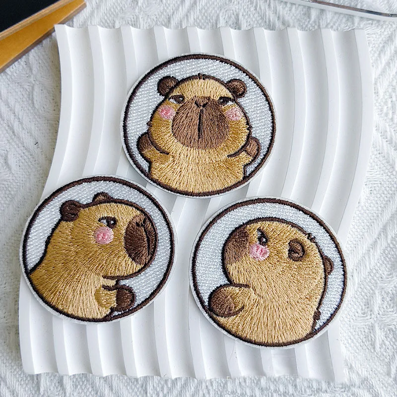 Cute Capybara Circular Self-adhesive Embroidered Patches Decorative Clothing Bag DIY Student Stationery Brooch Accessories