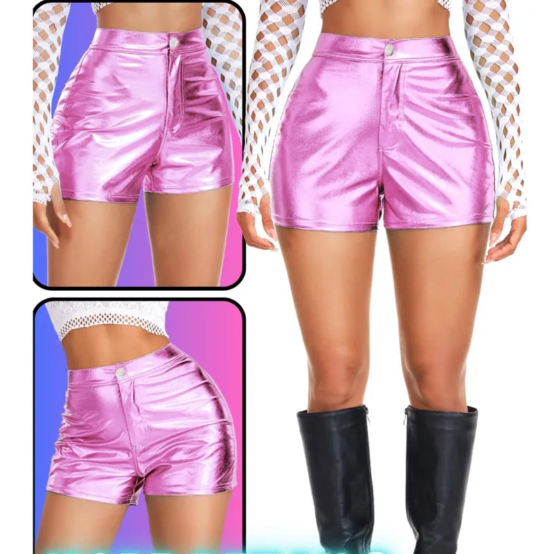 Women's New Metallic High Waist Button Zipper Casual Shorts Slim Fit Soft Comfortable Versatile Trendy Commute Daily Wear Shorts