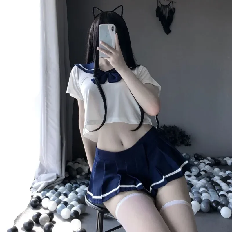 School Girl Cosplay Student JK Uniform Porn Costume Women Sexy Lingerie Crop Tops with Pleated Skirt Panties Set Role Play