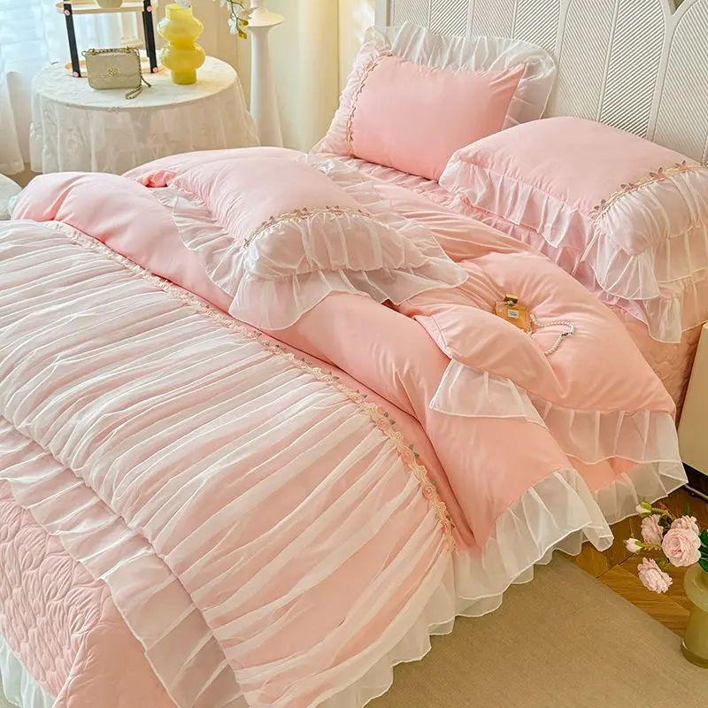 Light Luxury French Four-piece Bedding Set Washed Cotton High-grade Fairy Bed Cover Bed Solid Color Bed Sheet Quilt Cover