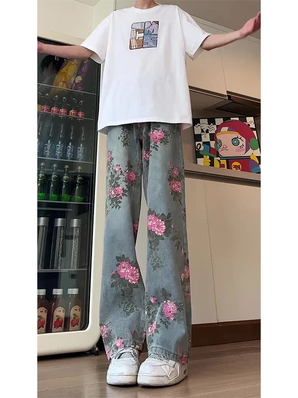 

Мужские летние тонкие джинсы прямого кроя в стиле ретро с синим цветочным принтом, крутой дизайн, брюки-буткат, повседневный свободный крой, подростковая мода