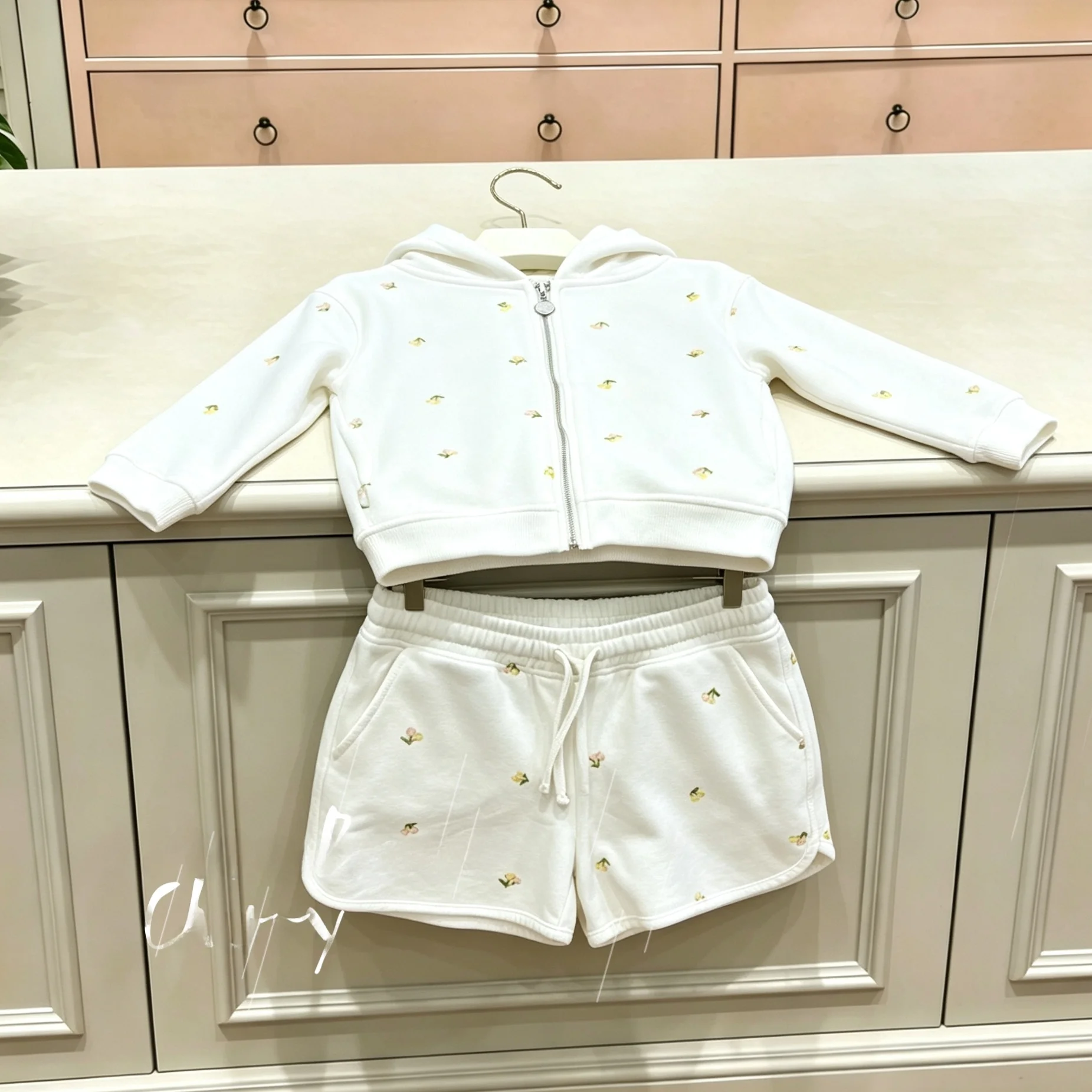 spring-2023-french-style-children's-knitted-fleece-jacket-with-hat-and-short-sleeve-double-color-cherry-embroidery-outfit-for